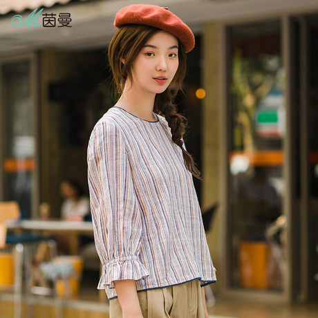 茵曼旗舰店2018秋装新款撞色竖条纹亚麻棉套头衬衫女chic百搭上衣商品大图