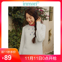 茵曼2018春新款文艺绣花长袖套头毛衣女宽松圆领上衣1881132336图片