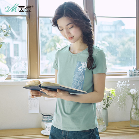 【拍下7折】茵曼2018夏装新款百搭印花短袖T恤女半袖修身显瘦上衣商品大图