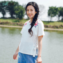 茵曼旗舰店2018夏侧摆系带刺绣绣花棉短袖insT恤上衣白色套头衫女图片