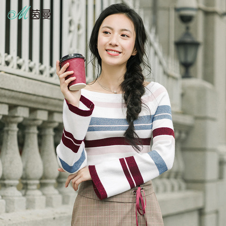 茵曼旗舰店2018秋装新款大船领拼色条纹修身显瘦针织上衣女薄毛衣商品大图