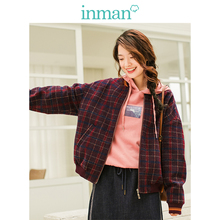 inman茵曼旗舰店格纹短款棒球服毛呢外套2018秋冬新款宽松夹克衫图片
