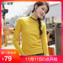 茵曼 2017冬装新款条纹半高领套头针织衫女黄色打底衫1874132469图片
