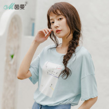 茵曼2018夏新款圆领文艺印花纯棉减龄宽松大码胖mmT恤女半袖上衣图片