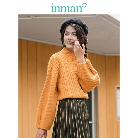 inman茵曼旗舰店高领麻花宽松套头毛衣2018秋冬装新款打底针织衫商品大图