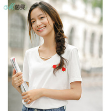 茵曼旗舰店女装2018夏装新款V领绣花宽松休闲百搭短袖T恤女上衣图片