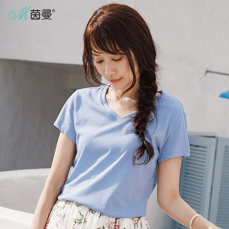 茵曼2018夏新款韩版舒适纯棉小V领百搭绣花短袖T恤女半袖ins上衣商品大图