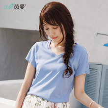 茵曼2018夏新款韩版舒适纯棉小V领百搭绣花短袖T恤女半袖ins上衣图片