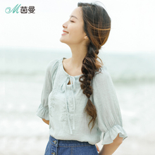 茵曼旗舰店2018夏装新品文艺范圆领纯色百搭短袖衬衫女宽松上衣图片