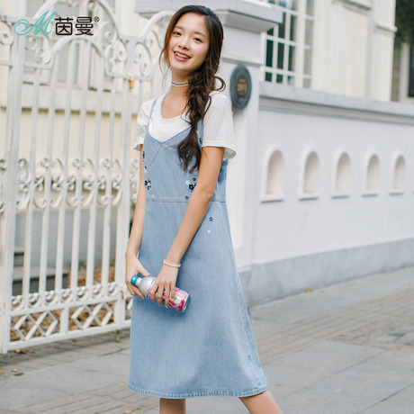 茵曼裙子2018夏装新款全棉绣花百搭无袖吊带牛仔裙女显瘦连衣裙商品大图