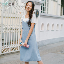 茵曼裙子2018夏装新款全棉绣花百搭无袖吊带牛仔裙女显瘦连衣裙图片