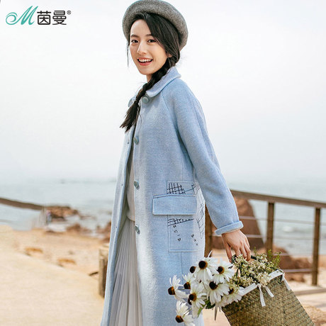 茵曼女装秋款文艺绣花保暖呢大衣羊毛呢外套女长款1863321311商品大图