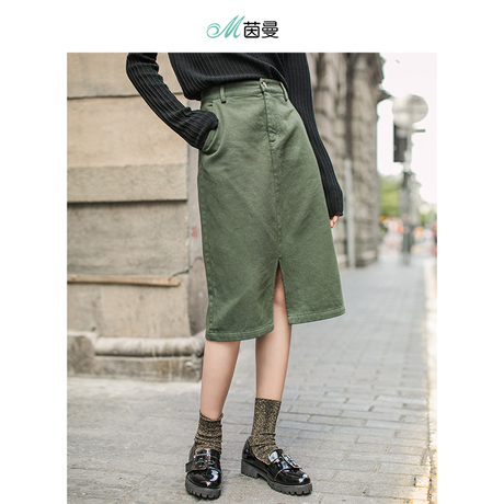 茵曼旗舰店纯棉开衩包臀裙2018秋装新款复古半身裙女中裙显瘦冬裙商品大图