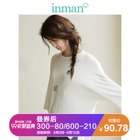 茵曼 2017秋装新款简约印绣花宽松七分袖T恤上衣女1871023425商品大图