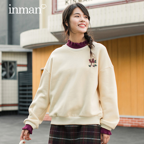 inman茵曼旗舰店木耳边绣花假两件卫衣2018秋冬新款套头上衣外套商品大图