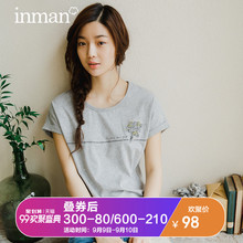 茵曼2018夏新款原创文艺范花束印花修身短袖T恤女棉百搭简约上衣图片