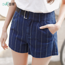茵曼旗舰店牛仔短裤女夏2018新款纯棉蓝白条纹韩版百搭休闲高腰裤图片