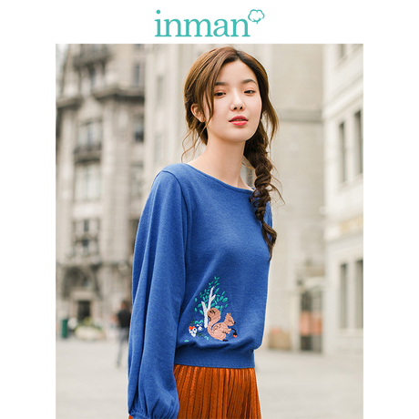 inman茵曼旗舰店绣花灯笼袖套头毛衣女2018秋冬装新款打底针织衫商品大图
