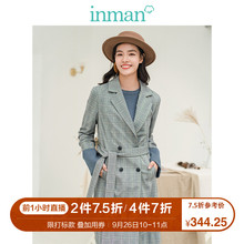 茵曼2018冬装新款干练复古格纹收腰显瘦长袖风衣女F1884061798图片