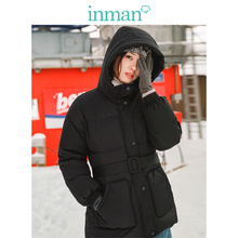茵曼旗舰店黑色连帽收腰短款羽绒服2018冬装新款韩版外套女配腰带图片