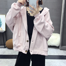 0193外套秋季新款韩版纯色单排扣连帽抽绳落肩袖女宽松百搭短开衫