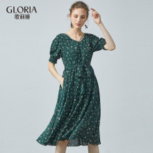 GLORIA/歌莉娅女装2018夏季雪纺印花V领收腰连衣裙184C4C05A图片