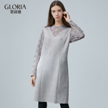GLORIA/歌莉娅女装2018秋季麂皮绒拼蕾丝假两件连衣裙189C4E170图片