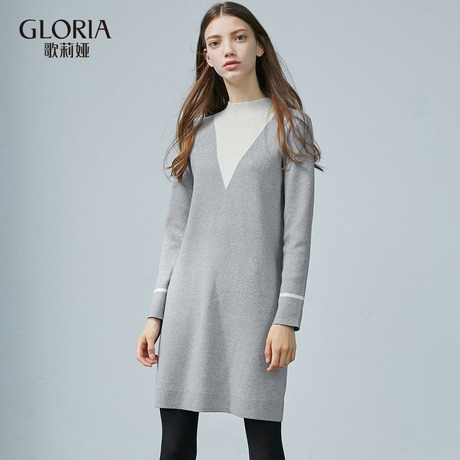 GLORIA/歌莉娅2018年冬季领子撞色毛织连衣裙18CC5K040商品大图