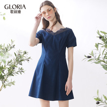 GLORIA/歌莉娅2018夏季V领短袖牛仔连衣裙185C4B710图片