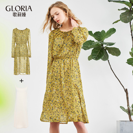 GLORIA/歌莉娅女装2018春季新款绑绳印花连衣裙182C4E630商品大图
