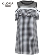 GLORIA/歌莉娅网纱拼接全棉格纹露肩连衣裙185P4A290图片