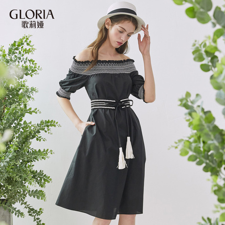 GLORIA/歌莉娅全棉一字领连衣裙送腰带175C4E020商品大图