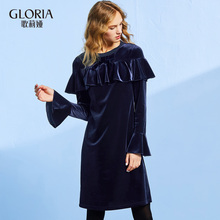 GLORIA/歌莉娅荷叶边前襟系带喇叭袖丝绒连衣裙17SJ4D010图片
