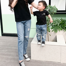 子男童洋气 宝宝破洞牛仔裤 2019春季新款 儿童直筒裤 韩版 母子亲子装
