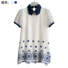甜美日系刺绣拼接撞色复古娃娃领宽松A字版雪纺连衣裙 2013夏新款