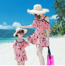 韩泰国海边沙滩儿童泡温泉母女亲子套装 游泳衣服 保守连体裙式大码