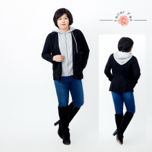新款 春秋女装 范裁缝大码 200斤胖m弹力休闲西服连帽假两件外套1492