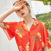 诗凡黎2018夏季新款韩范宽松七分袖小清新衬衣v领碎花衬衫女图片