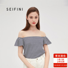 诗凡黎2018夏季新款chic小心机清新上衣纯棉条纹一字领t恤女短袖图片