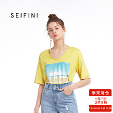 诗凡黎2018夏季新款chic学生宽松上衣女体恤v领印花纯棉t恤女短袖图片