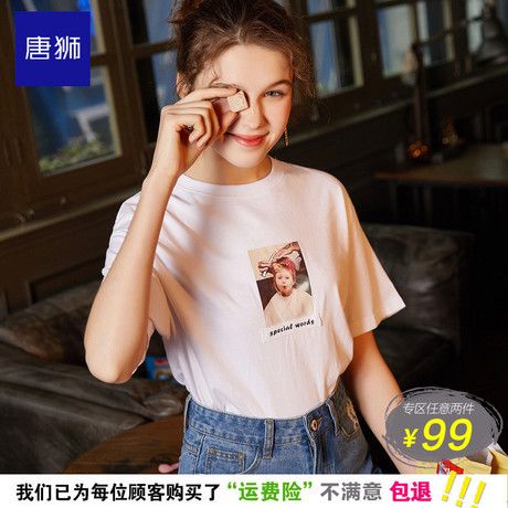 唐狮女装2018夏季新品纯色宽松显瘦圆领T恤很板潮流卡通印花短袖商品大图