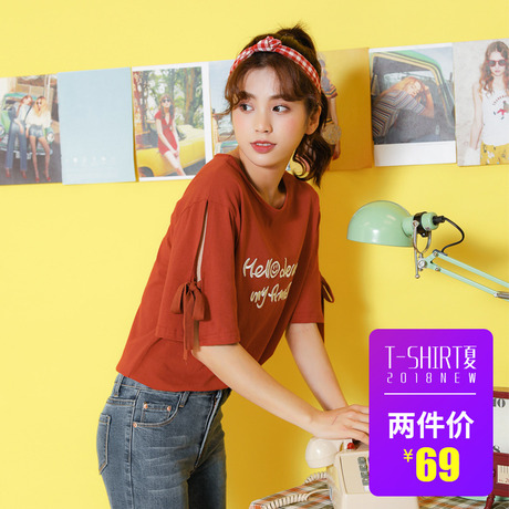 阁楼花开春季新款刺绣绑带学生韩版纯棉大T恤女bf风短袖商品大图