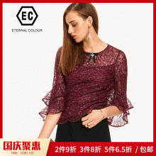 永恒颜色2018秋季简约蕾丝圆领长袖蝴蝶结上衣小衫女K321S746图片