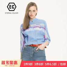 永恒颜色2018春秋新款休闲格子流苏印花小衫潮流衬衫女L121S745图片