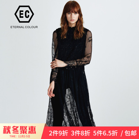 永恒颜色2018冬季新款网纱拼接连衣裙中长裙气质蕾丝女YFED98L881商品大图