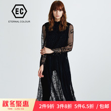 永恒颜色2018冬季新款网纱拼接连衣裙中长裙气质蕾丝女YFED98L881图片