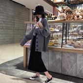 秋冬韩版宽松BF风针织毛衣开衫外套+高腰显瘦半身裙套装两件套女