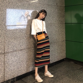 夏季甜美刺绣百搭圆领宽松T恤打底上衣女+韩版复古条纹高腰半身裙