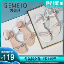 戈美其2019夏季新款露趾一字扣带低跟珍珠凉鞋学生仙女平跟女鞋子