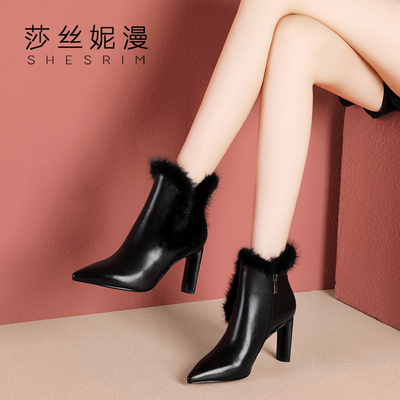 粗跟短靴女2018秋冬新款真皮高跟鞋尖头裸靴欧美貂毛女靴黑色靴子